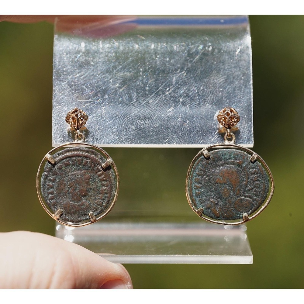 14k Solid Yellow Gold Roman Coin‎ Dangle Earrings Authentic Bronze Vintage Style - Picture 4 of 6